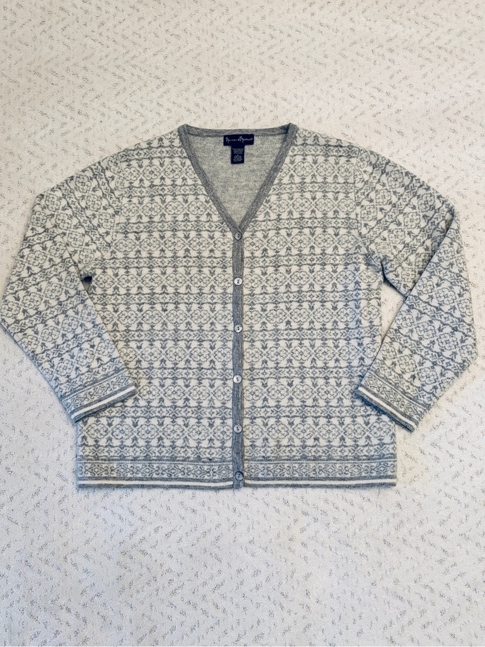 Mercer Madison Lambswool Angora Cardigan Sweater Size Large Grey White Fair Isle